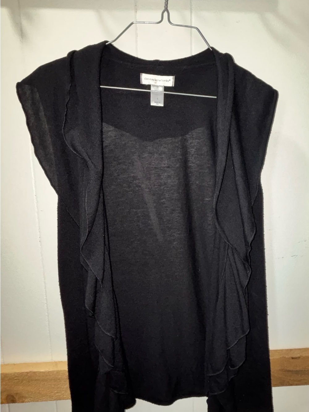 Christopher & Banks Black Ruffle Open-Front Sleeveless Cardigan Vest